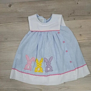 Lil Cactus Baby Girl 6-9 Months Sailor Bunny Dress Blue Seersucker White Collar